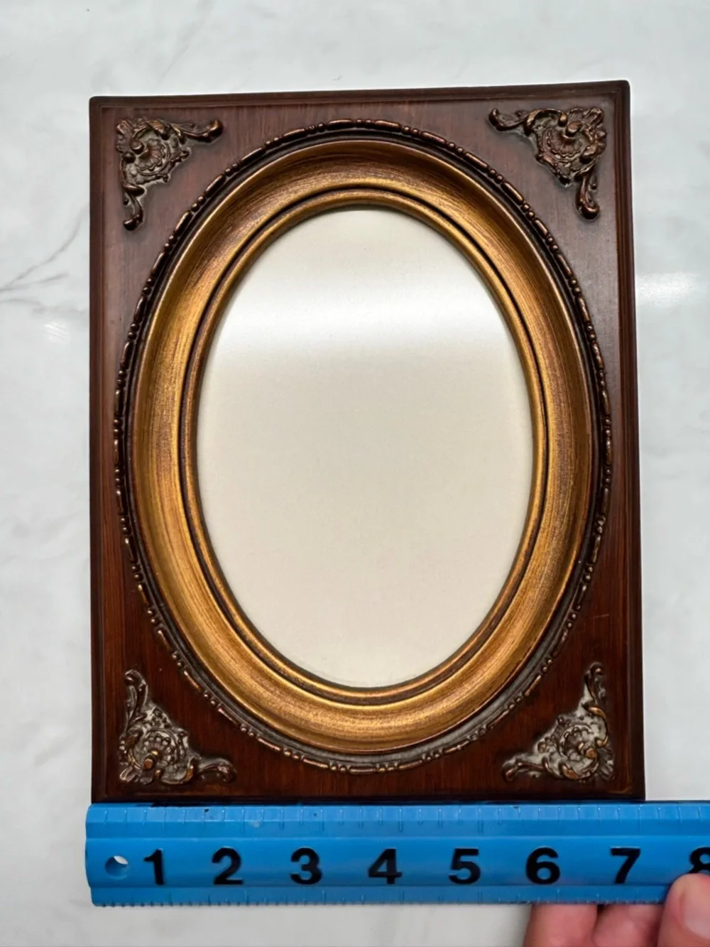 Vintage 1970 Oval Picture Frame Faux Wood & Gold Ornate 8x10 Decor